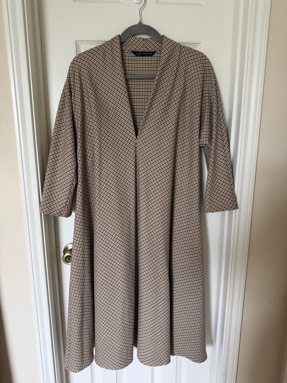 Zara Beige and Black Check Midi Dress